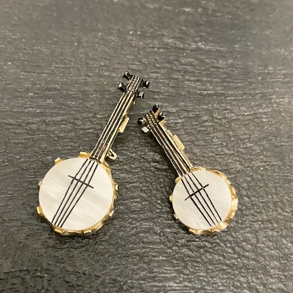 Vintage Set of Banjo Pins Lapel Brooch Mother of Pearl Jewelry Instrument
